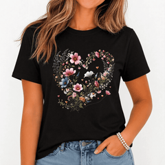 Women's Wildflower Heart Graphic T-Shirt Boho Floral Heart Short Sleeve Tee Top