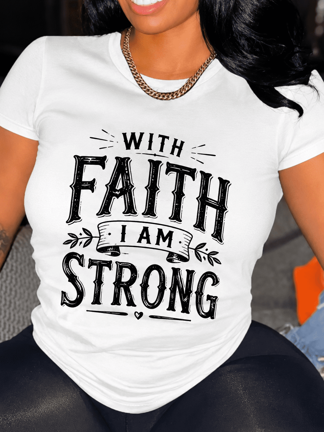Women's With Faith I Am Strong Inspirational Christian Graphic T-Shirt, Vintage Retro Faith Quote Casual Short Sleeve Tee