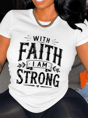 Women's With Faith I Am Strong Inspirational Christian Graphic T-Shirt, Vintage Retro Faith Quote Casual Short Sleeve Tee