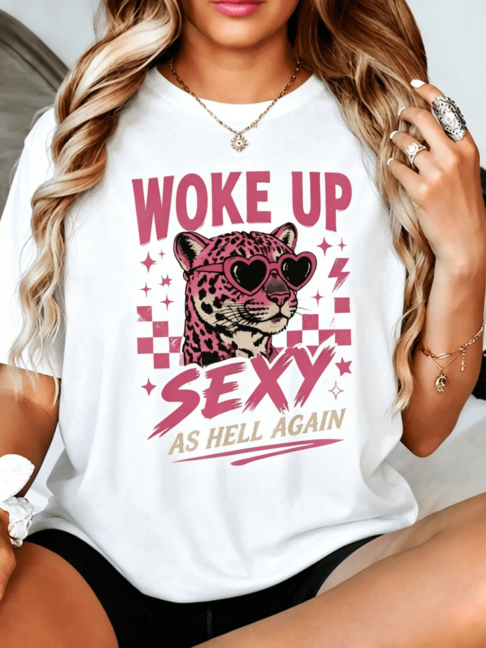Women's Woke Up Sexy As Hell Again Graphic Tee, Pink Leopard Heart Sunglasses Print Short Sleeve Crew Neck Casual T-Shirt
