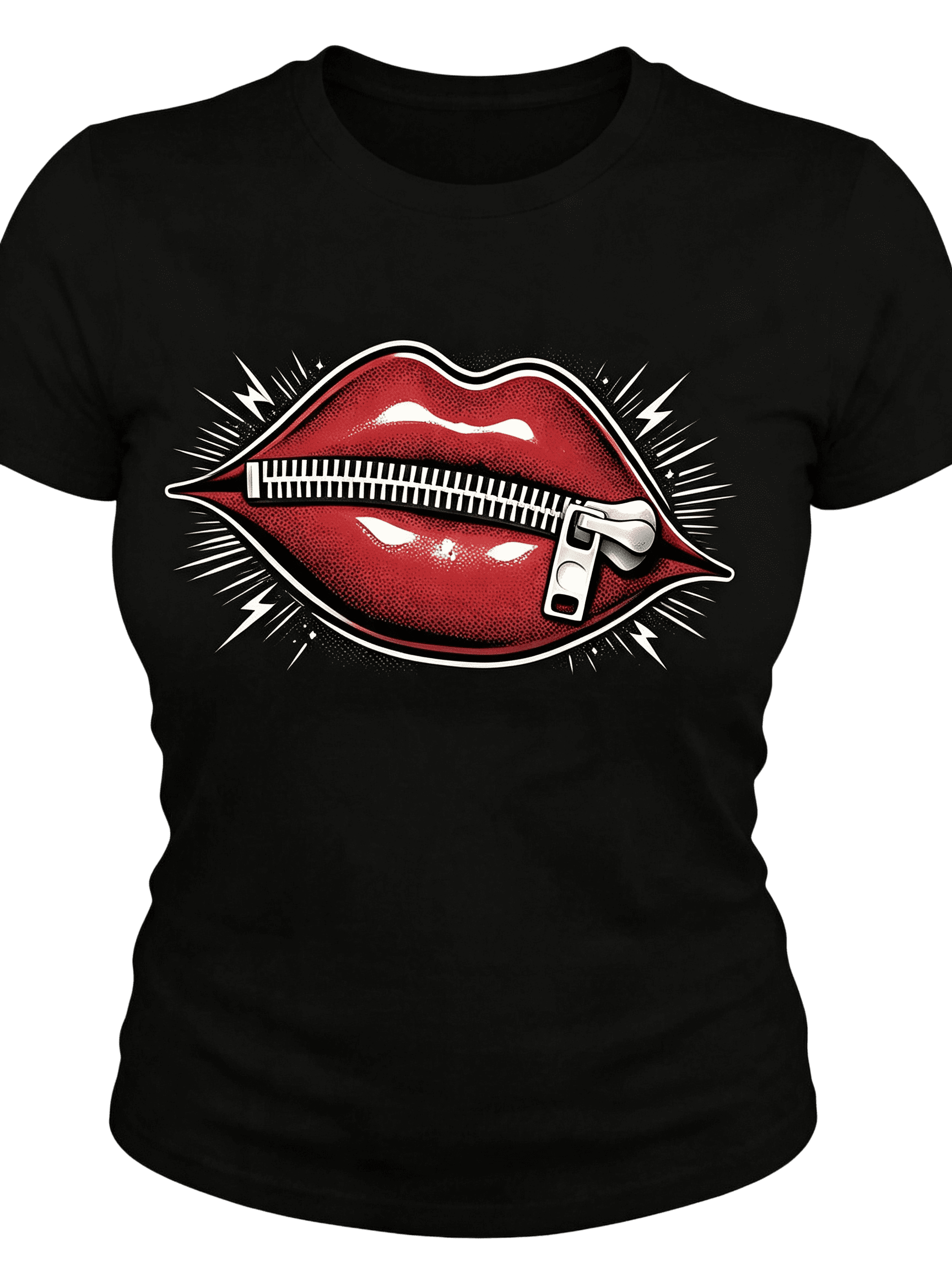 Women's Zipper Red Lips Graphic Crew Neck T-Shirt Retro Pop Art Short Sleeve Casual Top