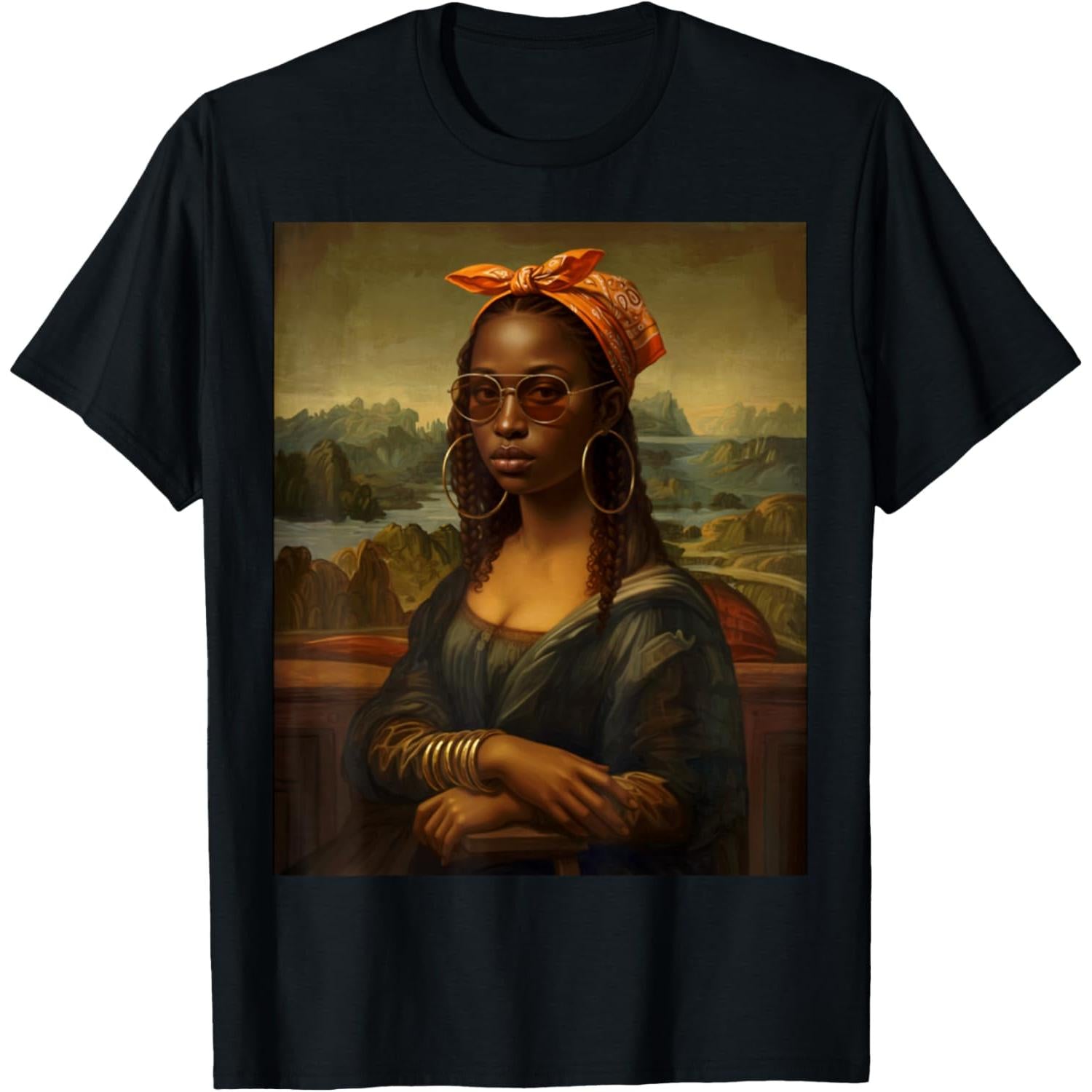 Black Mona Lisa Afro Braids African American T-Shirt - Cultural Art Graphic Tee with Bandana & Bangles Design, Unisex Graphic shirt