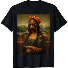 Black Mona Lisa Afro Braids African American T-Shirt - Cultural Art Graphic Tee with Bandana & Bangles Design, Unisex Graphic shirt