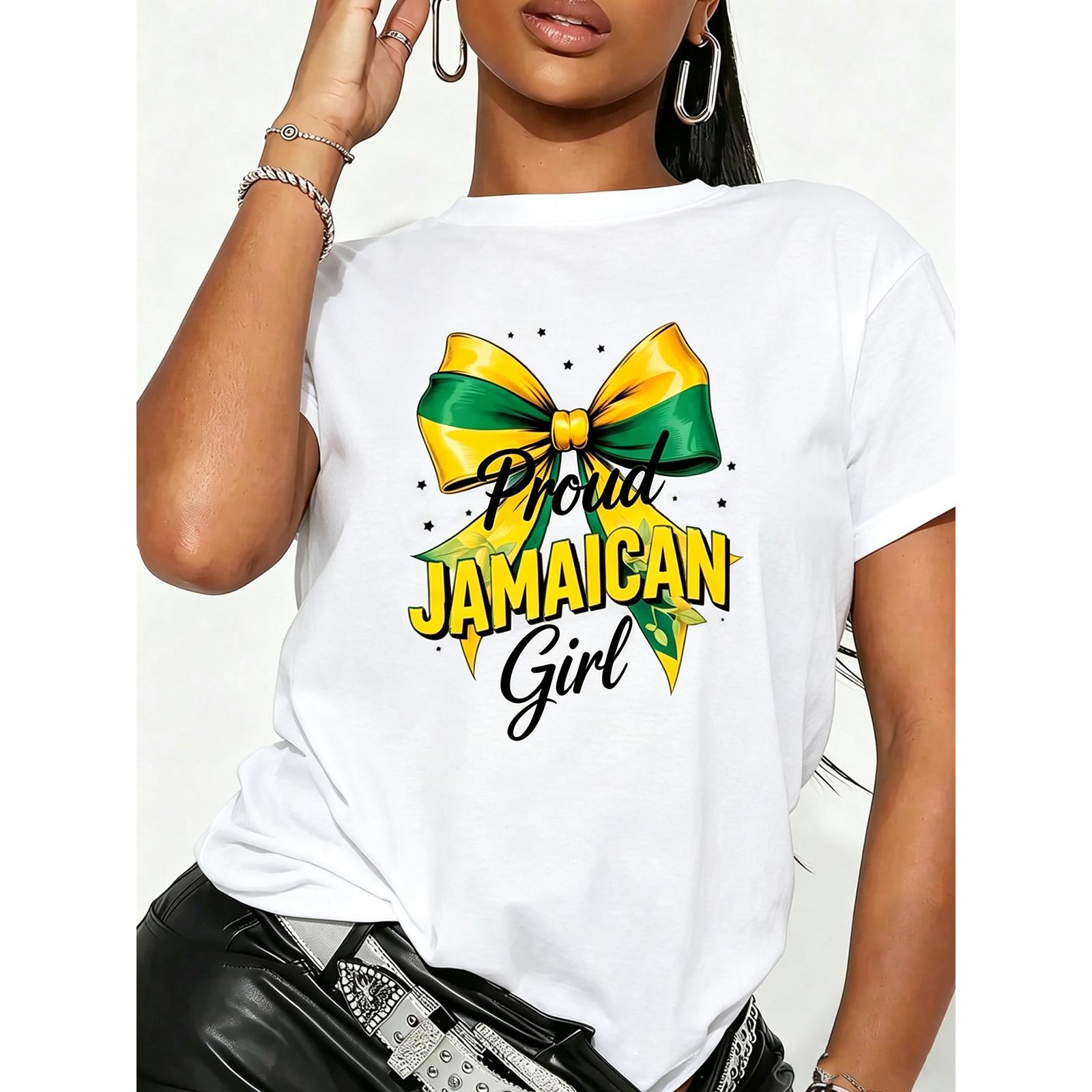 “Proud Jamaican Girl” Green Yellow Bow Graphic T-Shirt – Fun Women‘s Island Heritage Tee, Casual Holiday Party Crewneck