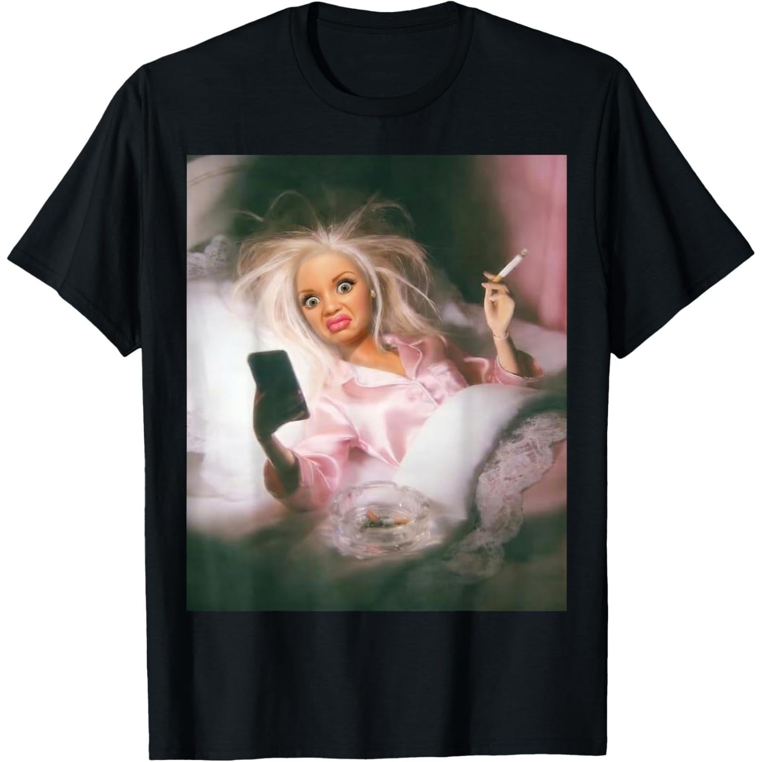 Funny Creepy Doll Face Meme T-Shirt - Smoking Sarcastic Humor Graphic Tee, Unisex Adult Casual Top