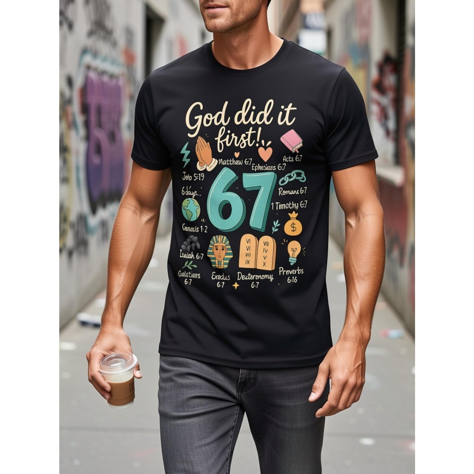Retro God Did It First 67 Bible Verse Graphic T-Shirt, Unisex Premium Soft Cotton Crew Neck Tee, All Season Faith Tee, Ideal For Church Events And Christian Believer Gift