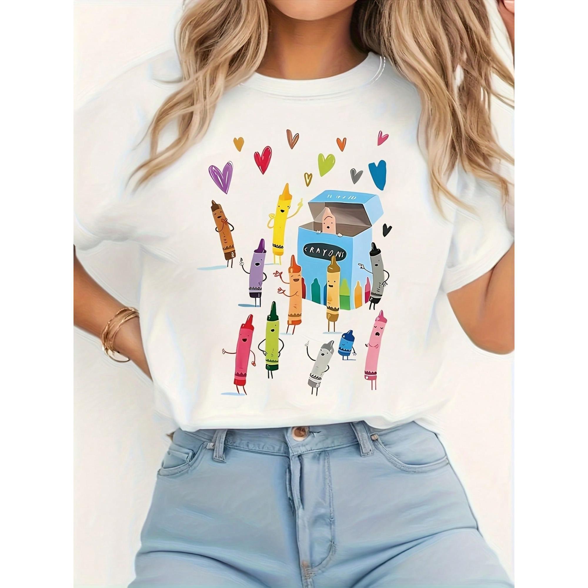 Women Crayon Hearts Print T-Shirt Soft Coloring Pages Casual Short Sleeve Crew Neck Blouse For Spring Summer Casual Top
