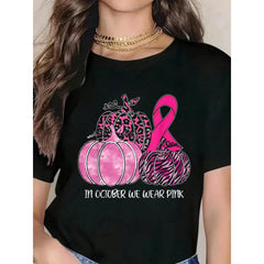 In October We Wear Pink Ribbon Pumpkin Breast Cancer T-Shirt Graphic Tee 100% Cotton Soft And Comfortable Perfect For Daily Casual Wear