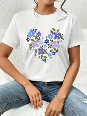 Valentine Day Printed Short-sleeve T-shirt, Featuring Floral and Heart Pattern Prints, with a Casual, Trendy