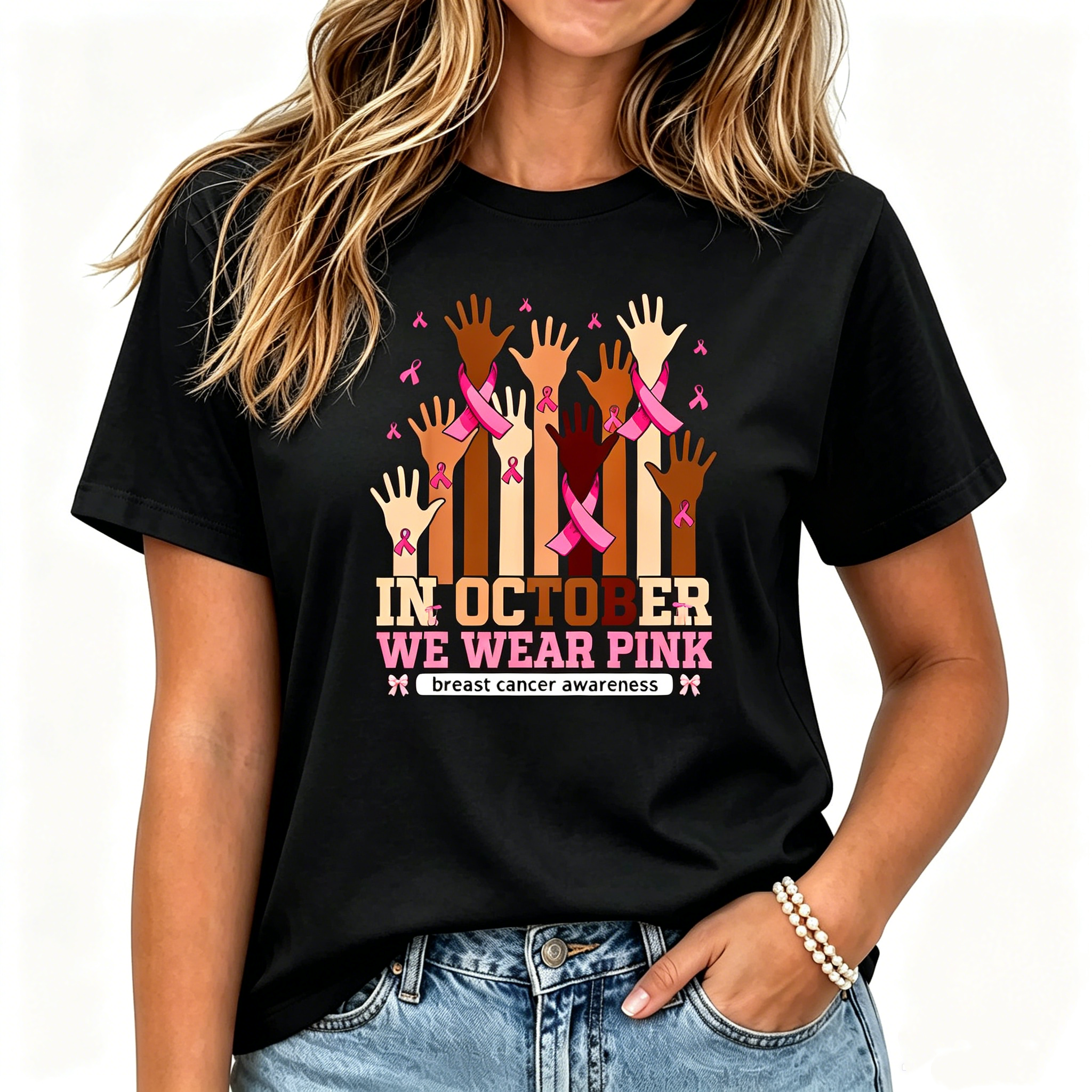 Hand In October We Wear Pink Breast Cancer Awareness Women T-Shirt Graphic Tees Women's Clohes 100% Cotton Perfect For Halloween