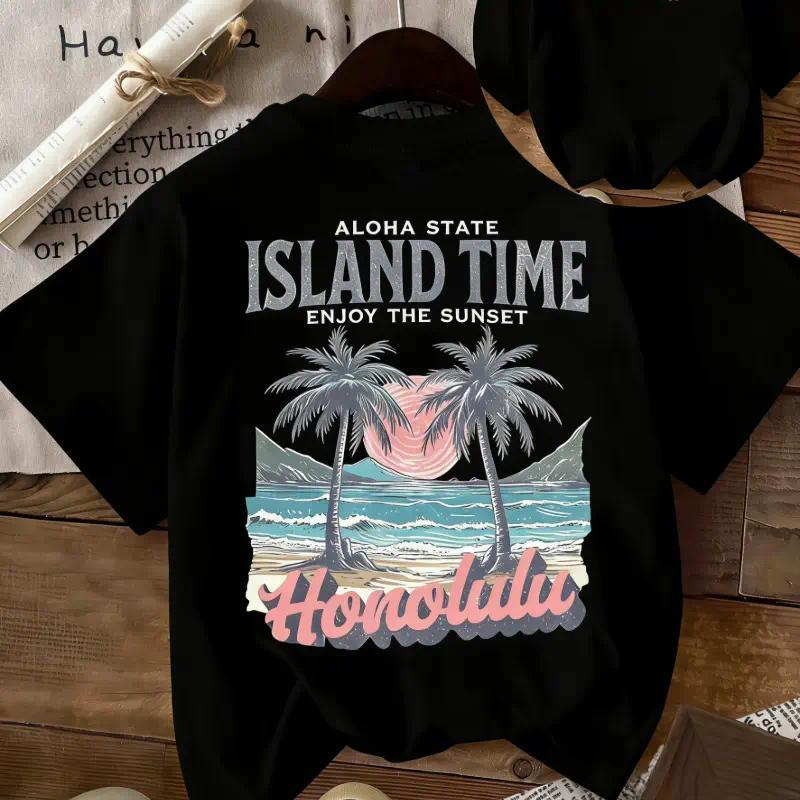 Women's Casual Fit Round Neck T-Shirt, Tropical Coconut Tree Beach Print, Comfortable Breathable Fabric, Perfect for Daily Wear