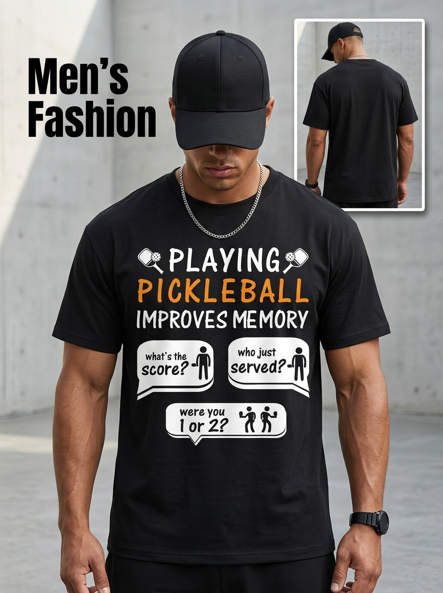 Playing Pickleball Improves Memory Funny Pickleball Player Graphic Tee for Men Women, Cute Sports Humor Short Sleeve T-Shirt, Casual Crew Neck Top for Pickleball Lover Gift