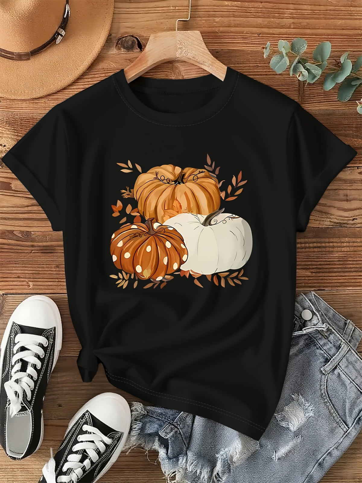 Autumn Pumpkin Pattern Print + Short Sleeves + Round Neck T-Shirt 100%Cotton Women Men Tshirt thanksgiving Halloween T-shirt