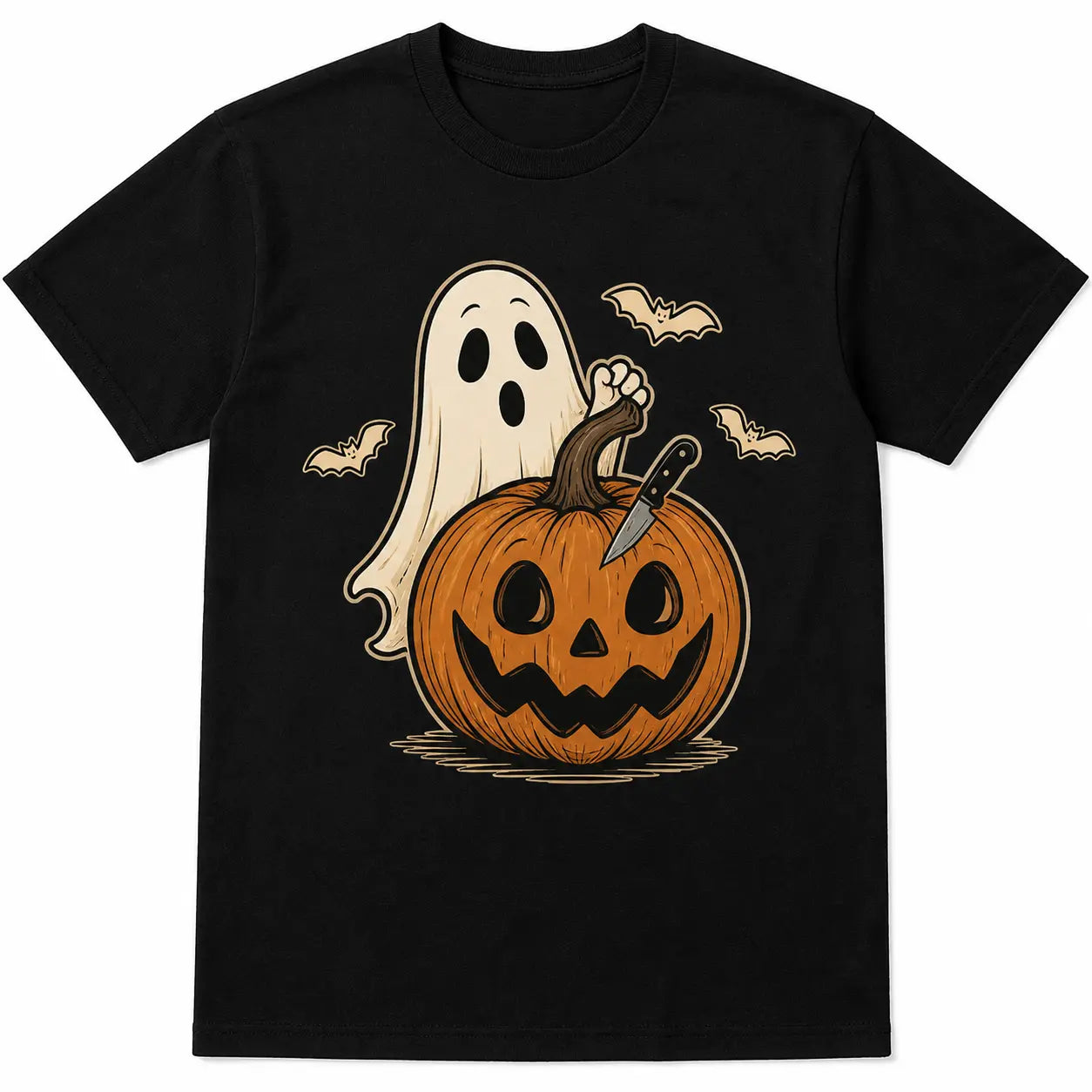 Halloween Ghost Pumpkin Bat Graphic Crew Neck Cotton T‑shirt