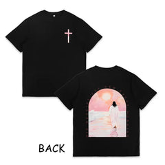 Women's Casual Chic Minimalist Cotton Crew Neck Short Sleeve T-Shirt, Double-Sided All Over Print with Sunrise Cross & Beach Scene