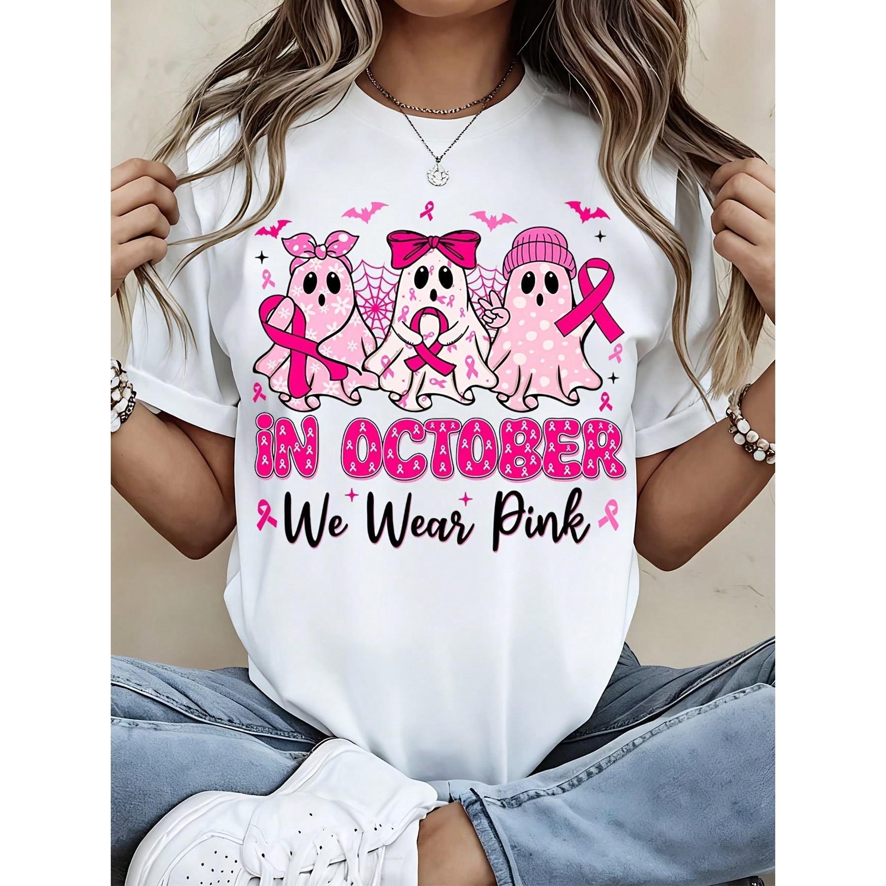 Women Breast Cancer Awareness Cute Pink Ghosts In October We Wear Pink T Shirt Casual Halloween Graphic Tee Support Gift