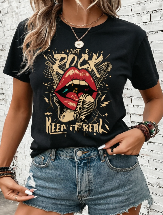 Women's Vintage Rock Music Graphic T‑Shirt, Retro Lips Microphone Guitar Rock‑n‑Roll Print Crew Neck Short Sleeve Casual Summer Tee