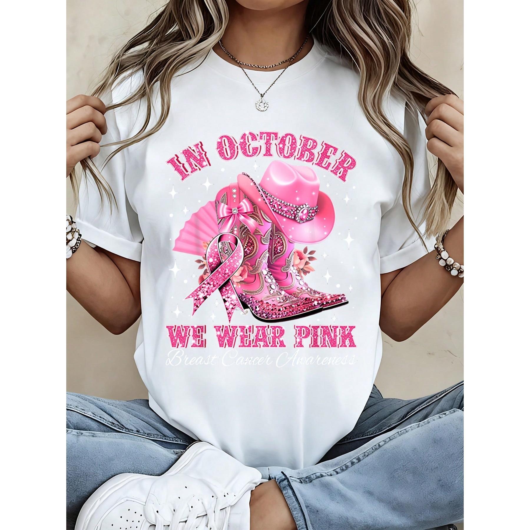 Casual Women Graphic Tee Shirt October We Wear Pink Breast Cancer Awareness Cowboy Boots Hat Print Top For Daily Wear Support