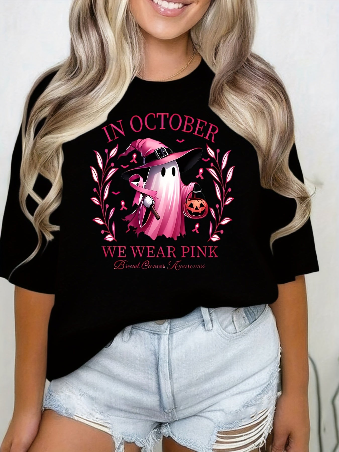 IN OCTOBER WE WEAR PINK Breast Cancer Awareness T-Shirt - Halloween Graphic Print T-Shirt Unisex Casual Tops Halloween Gift，Halloween Party Clothing