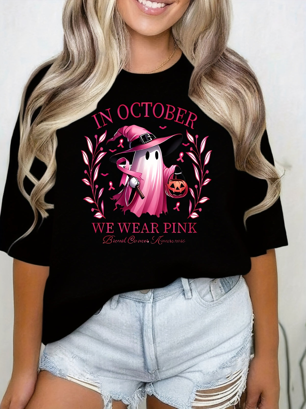 IN OCTOBER WE WEAR PINK Breast Cancer Awareness T-Shirt - Halloween Graphic Print T-Shirt Unisex Casual Tops Halloween Gift，Halloween Party Clothing