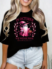 IN OCTOBER WE WEAR PINK Breast Cancer Awareness T-Shirt - Halloween Graphic Print T-Shirt Unisex Casual Tops Halloween Gift，Halloween Party Clothing