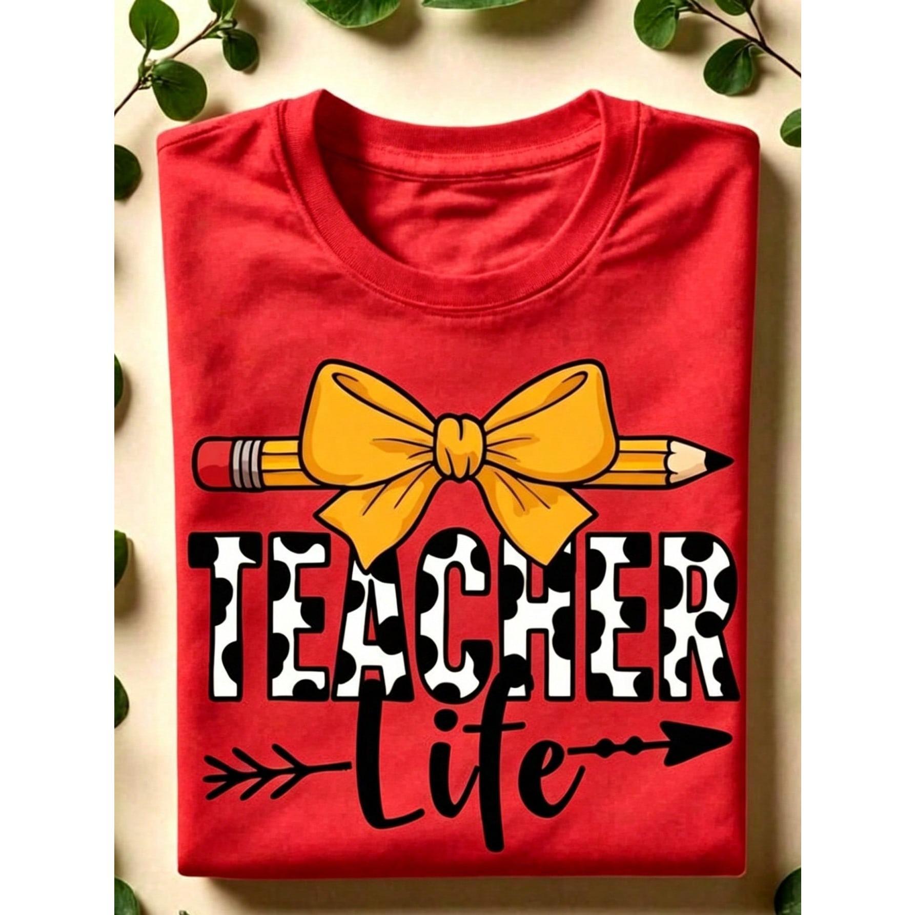 Teacher Life Shirt, Teacher Pencil Coquette Bow T-Shirt, Kindergarten Teacher Tee, Teacher School Crew Short Sleeve Shirts, Back To School Gift