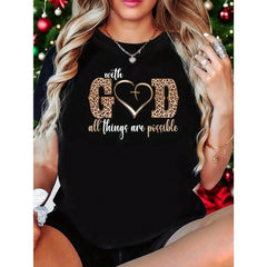 With God All Things Are Possible Heart Women Christian Faith 1 Pcs Women's Plus Size T-Shirt Funny Oversized Graphic Short Sleeve Tee Novelty 100% cotton Shirt Casual Crew Neck Top 220g