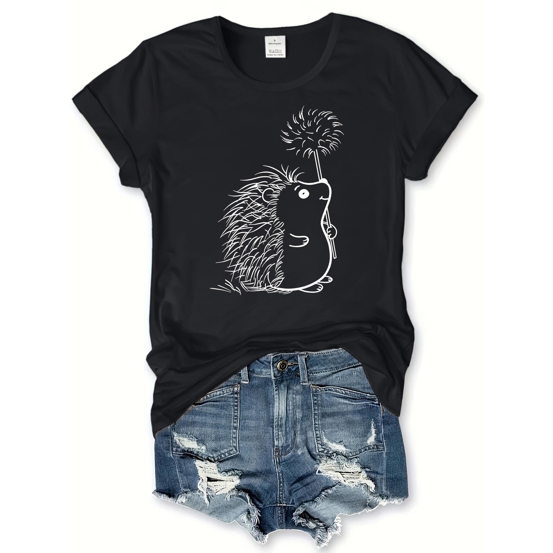 Hedgehog Print Crew Neck T-Shirt, Casual Short Sleeve T-Shirt For Spring & Summer, Women's Clothing
