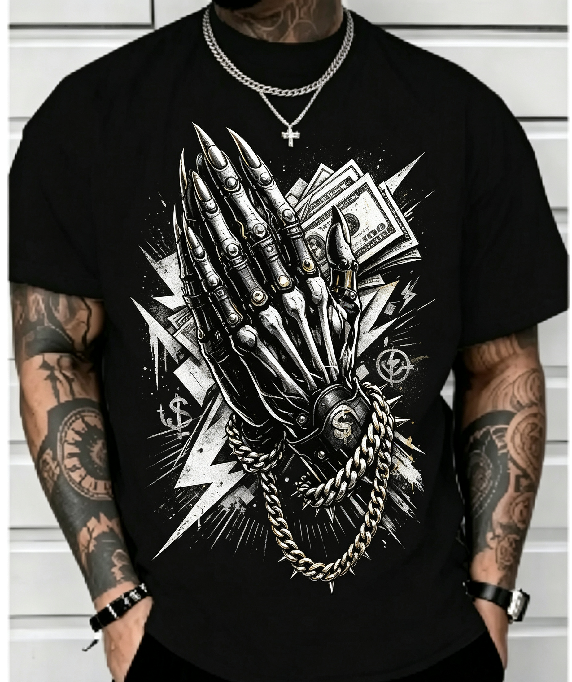 Men's Streetwear Graphic T‑Shirt, Skeleton Mechanical Hand Money Dollar Chain Print, Crew Neck Short Sleeve Casual Hip‑Hop Tee, Urban Fashion Novelty Top S‑5XL
