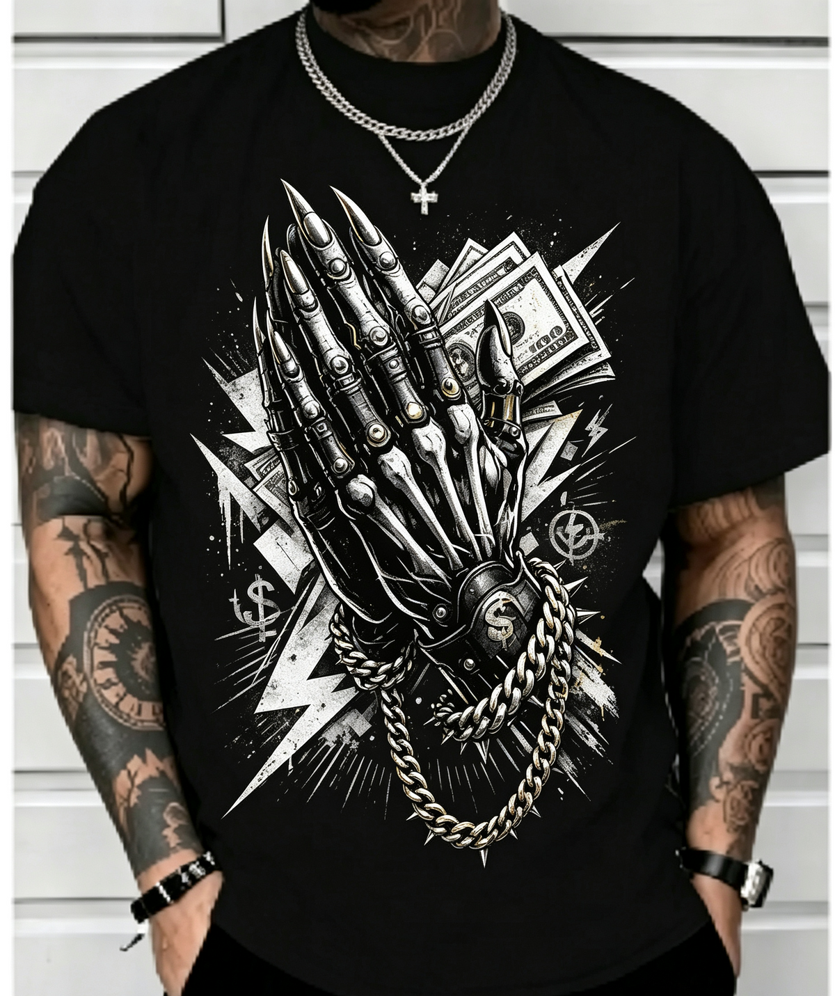 Men's Streetwear Graphic T‑Shirt, Skeleton Mechanical Hand Money Dollar Chain Print, Crew Neck Short Sleeve Casual Hip‑Hop Tee, Urban Fashion Novelty Top S‑5XL