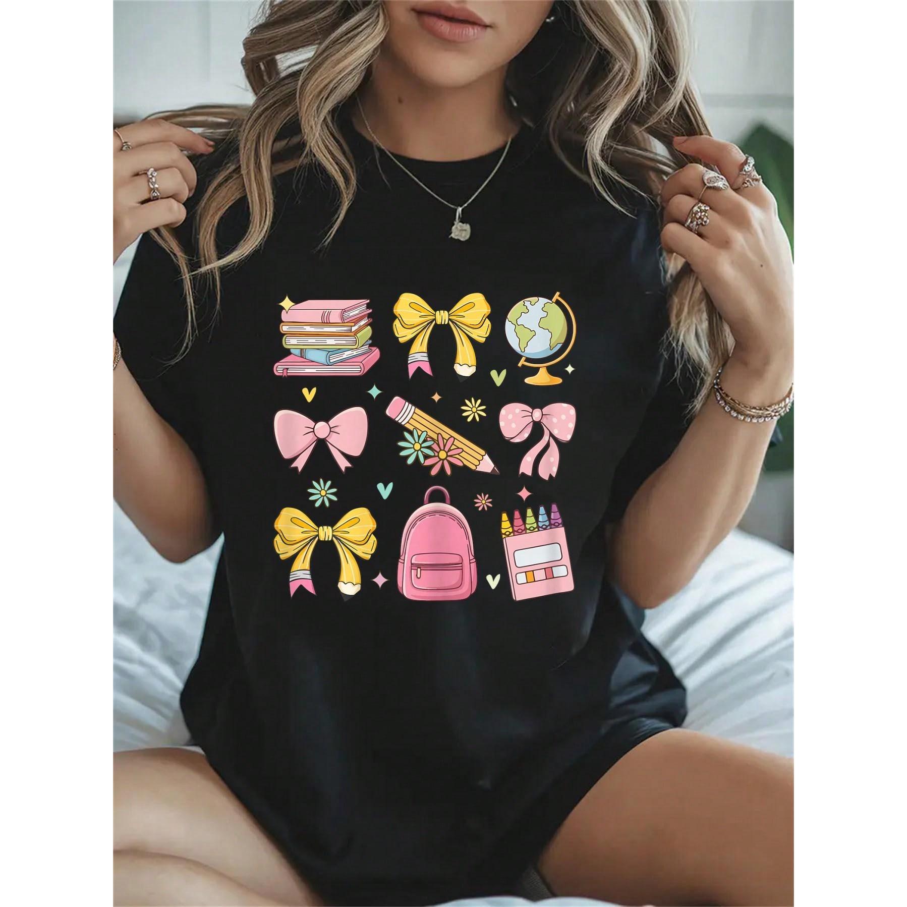 100% Cotton Groovy Teach Coquette Bow Teacher Women Girls Back To School T-Shirt Women's Men's Streetwear Graphic Tee Black Crew Neck Vacation Tops