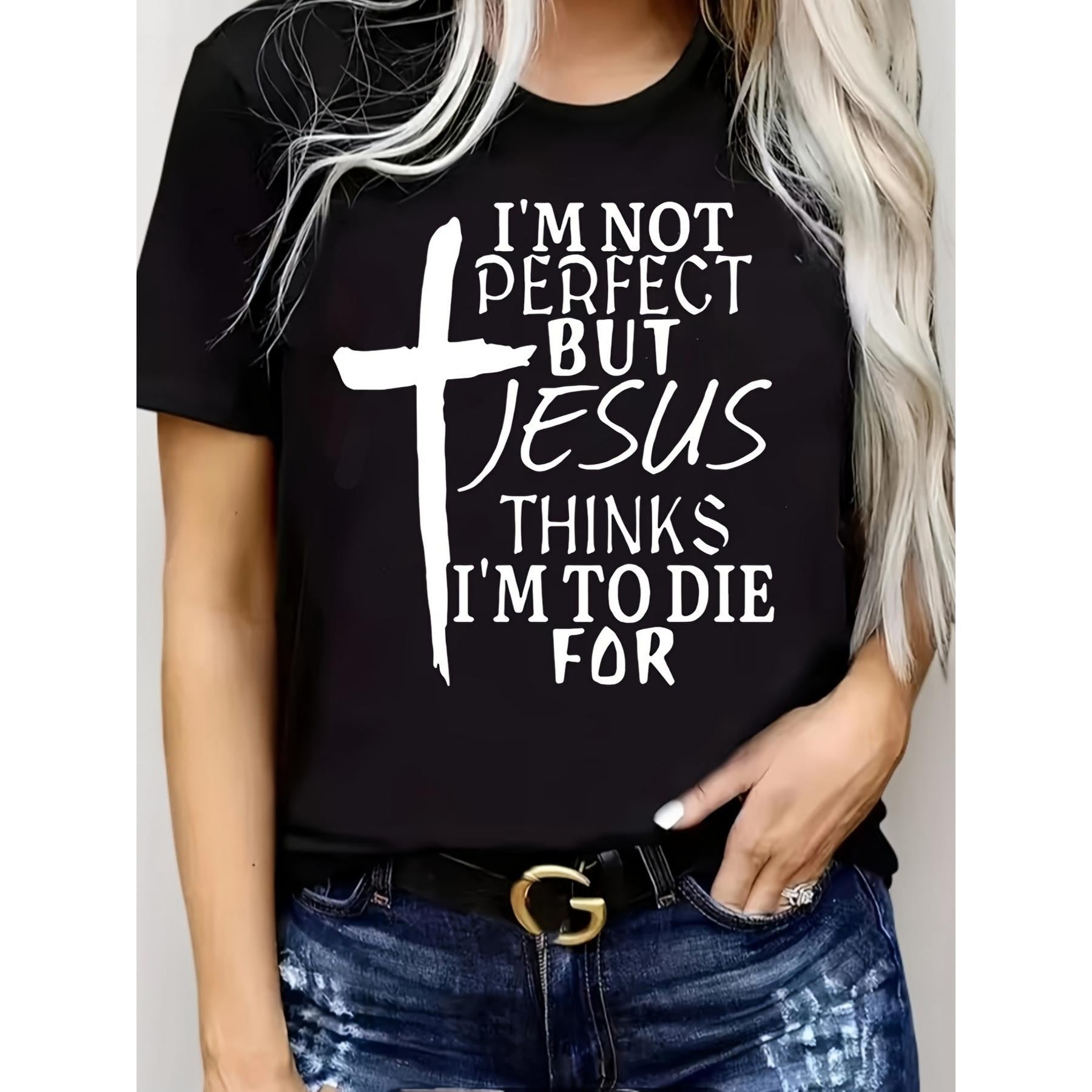 Plus Size Cross & Letter Print T-Shirt, Casual Short Sleeve Top For Spring & Summer, Women's Plus Size Clothing