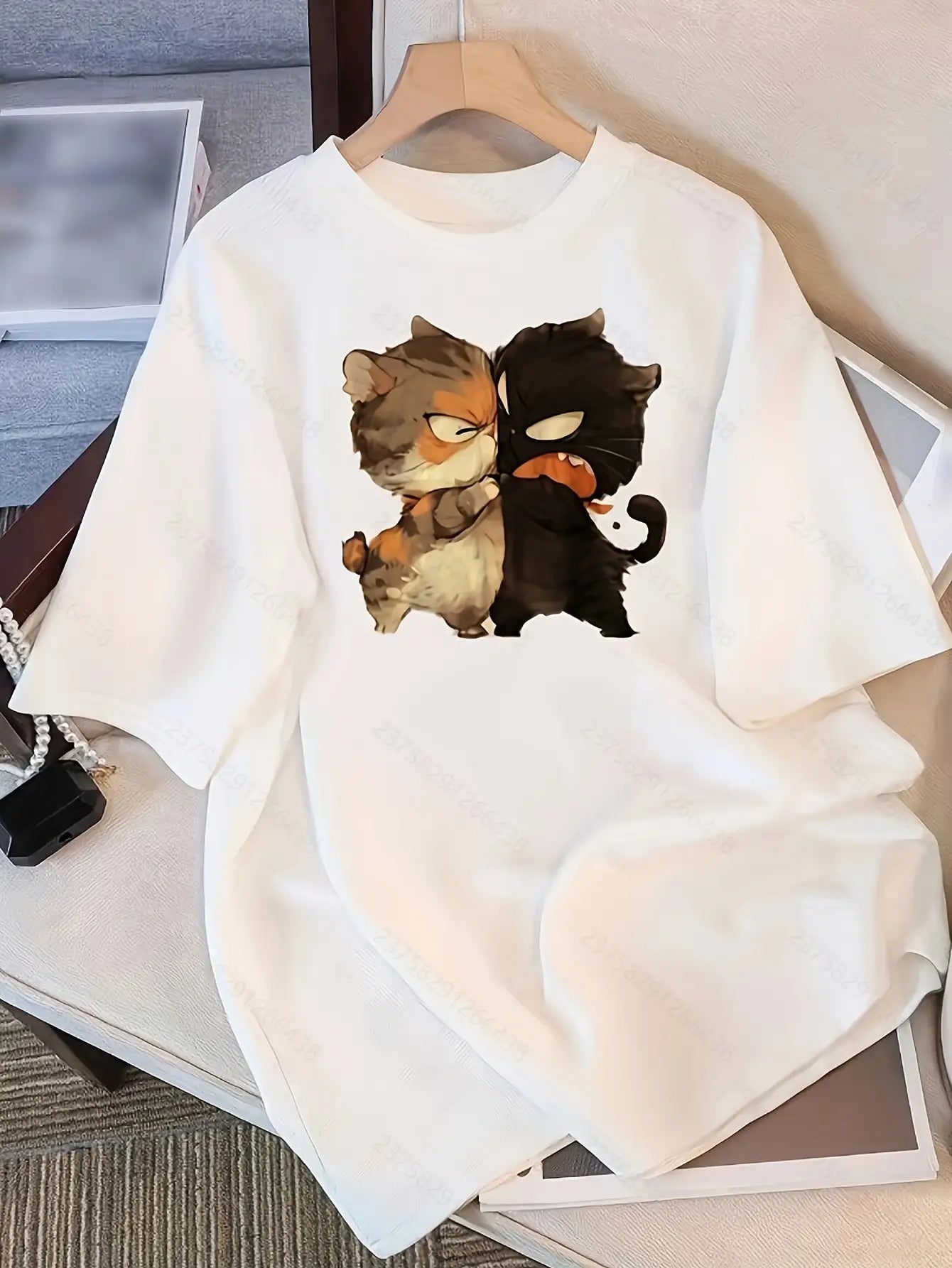 Cartoon Kitten Printed Short-Sleeved T-shirt Women's Round Neck Style Style Versatile Top Fashion