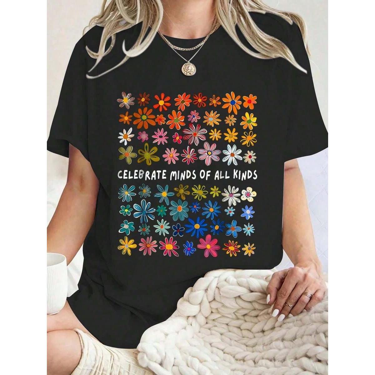 Autism Awareness Celebrate Minds Of All Kinds Wildflower TShirt, Short Sleeve Round Neck Casual Top