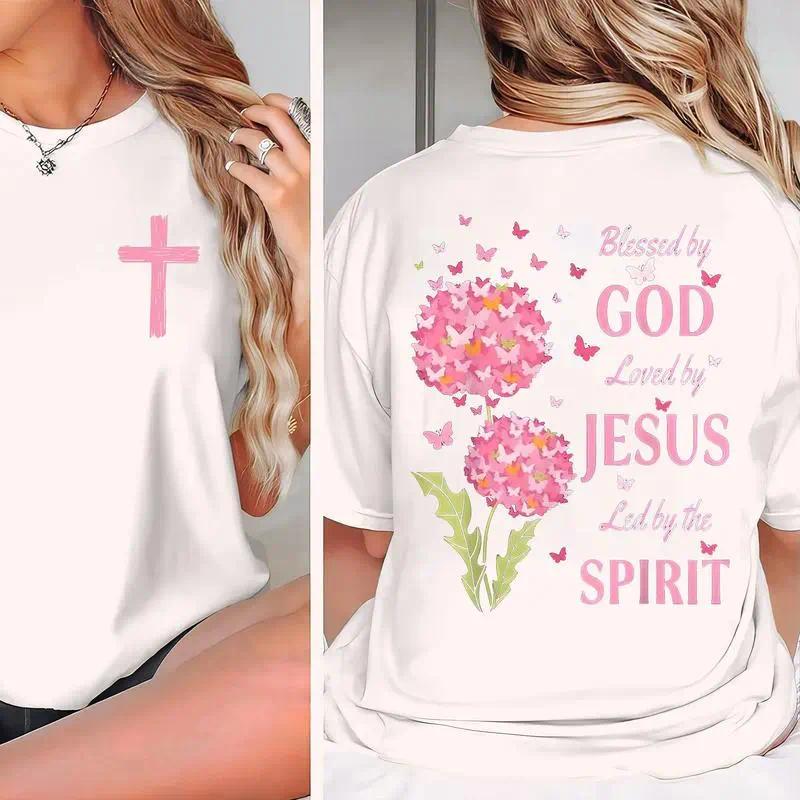 Blessed By God Loved By Jesus Led By The Spirit Christian Faith Graphic Tee for Men Women, Inspirational Bible Verse Short Sleeve T-Shirt, Casual Crew Neck Top for Church Gift