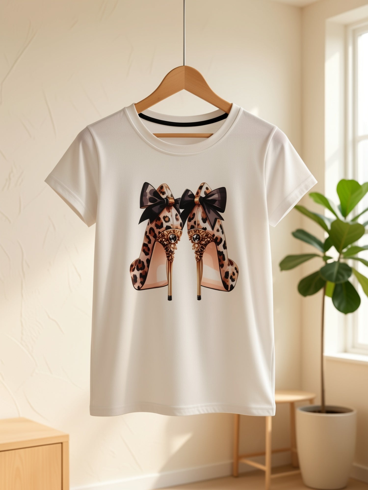 Women'S Leopard Print Bow High Heel Pattern Casual T-Shirt