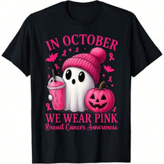 [100% Cotton] Breast Cancer Halloween Tshirt - "In October We Wear Pink Breast" Cancer Awaveness Tee, Cute Ghost With Pumpking Graphic Print Shirt, Casual Round Neck Short Sleeve Tops For Spring / Summer / Fall-Unisex Women & Men's Festival Daily Wear