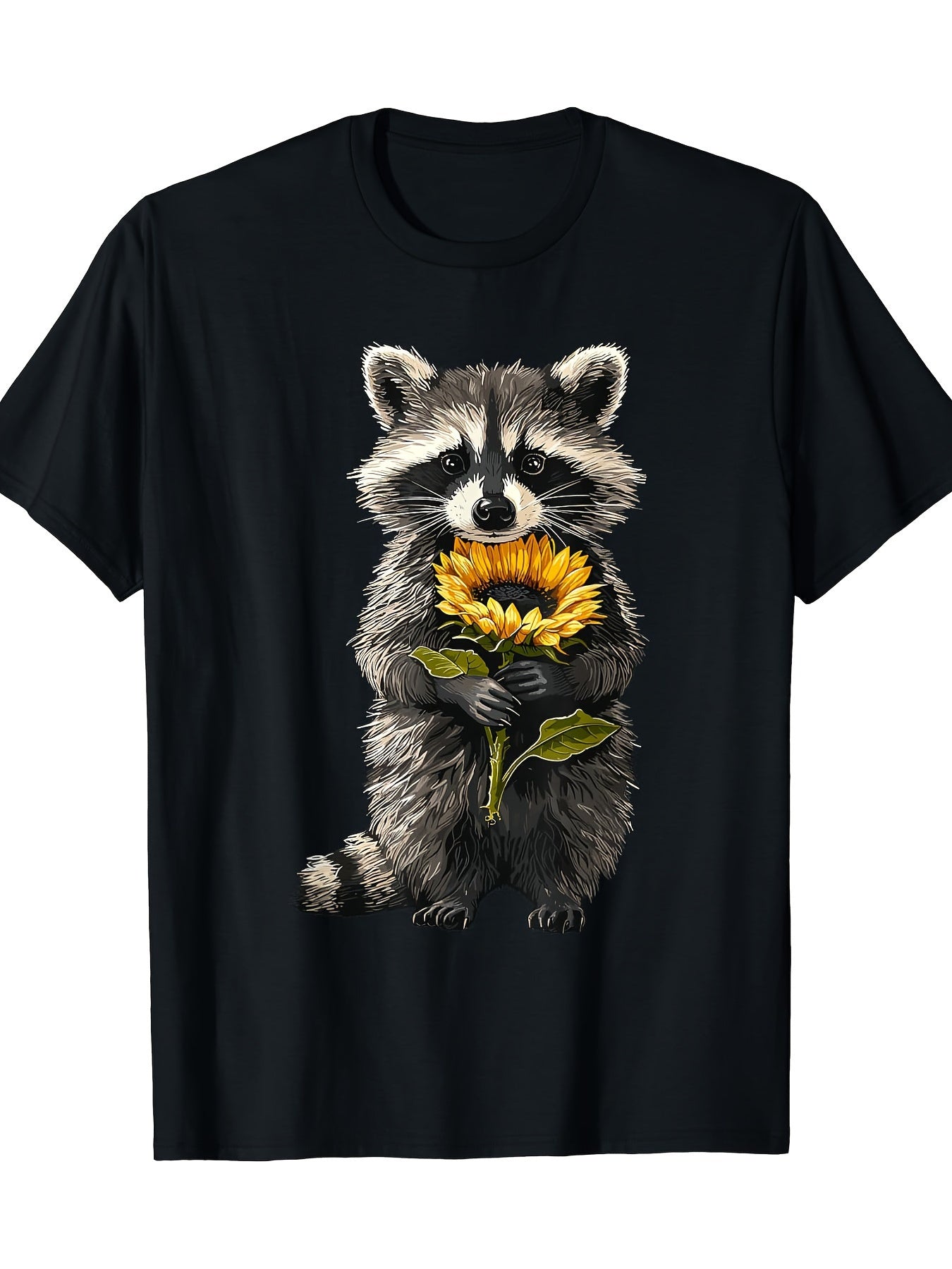 Raccoon Holding Sunflower Cute Flower T-shirt Casual Wear, Everyday Outfit, Playful Graphic Tee Fun Tshirt