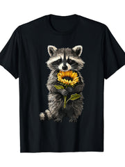 Raccoon Holding Sunflower Cute Flower T-shirt Casual Wear, Everyday Outfit, Playful Graphic Tee Fun Tshirt