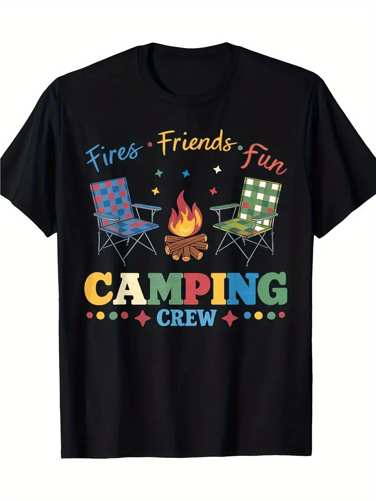 Fires Friends Fun Camping Crew Graphic T-Shirt, Unisex Cotton Crew Neck Top, All Season Outdoor Camper Tee, Casual Apparel For Adventure Lovers And Camping Groups