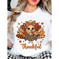 Cute Turkey Print T-Shirt  Thanksgiving Holiday Casual Wear