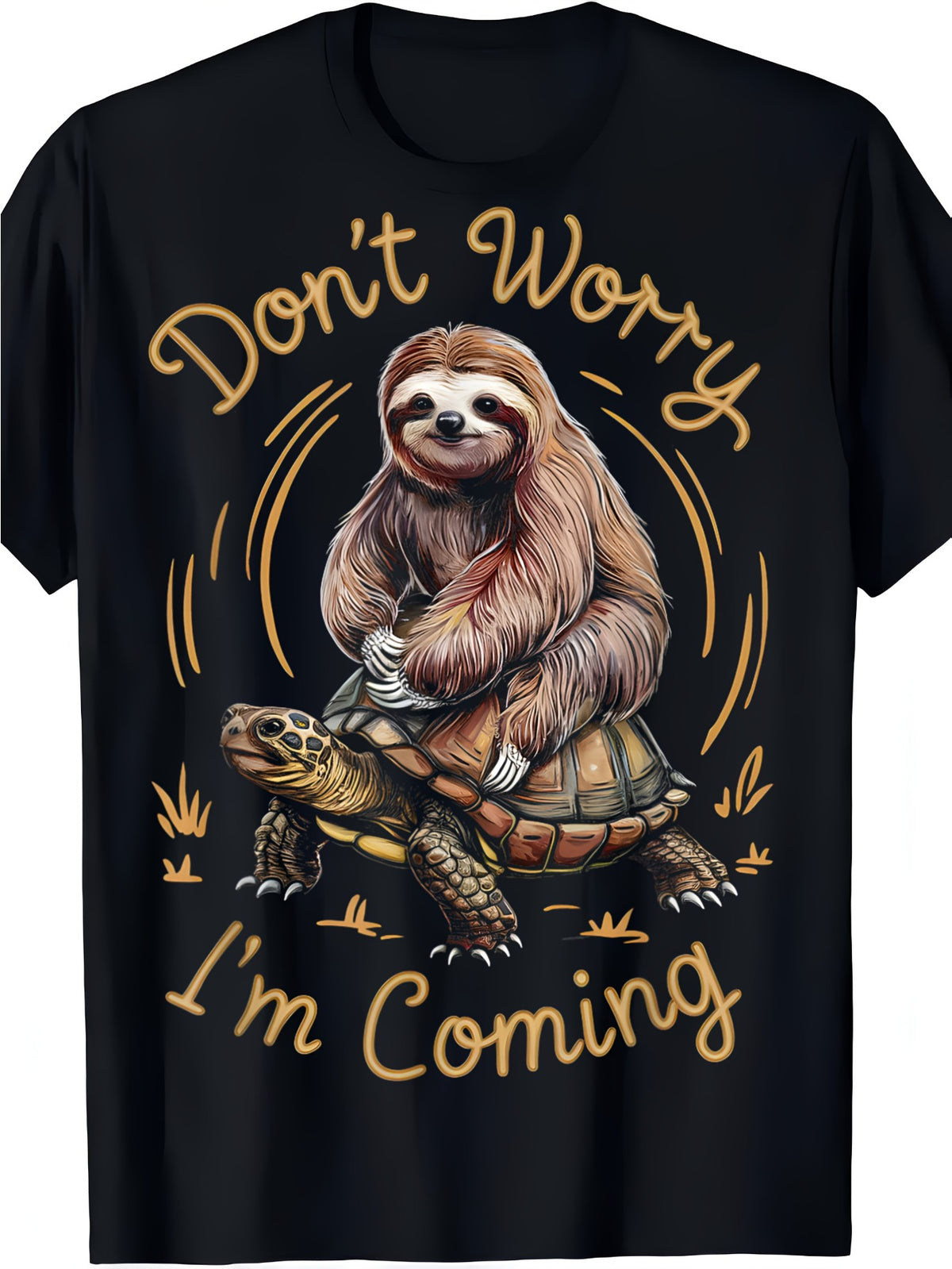 Don't Worry I'm Coming Sloth Riding Turtle Graphic T-Shirt, Unisex Cotton Crew Neck Short Sleeve Tee, Funny Slow Animal Casual Novelty Shirt, Gift For Sloth And Turtle Lovers