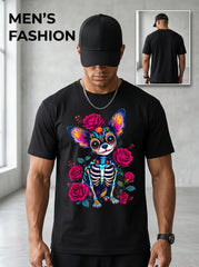 Mexican Sugar Skull Chihuahua Dia De Los Muertos Halloween Graphic Tee for Men Women, Cute Day Of The Dead Dog Short Sleeve T-Shirt, Casual Crew Neck Top for Chihuahua Lover Gift