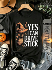 Halloween Witch Broom Graphic T‑Shirt for Women, Retro Fall Short Sleeve Crewneck Casual Holiday Tee Top