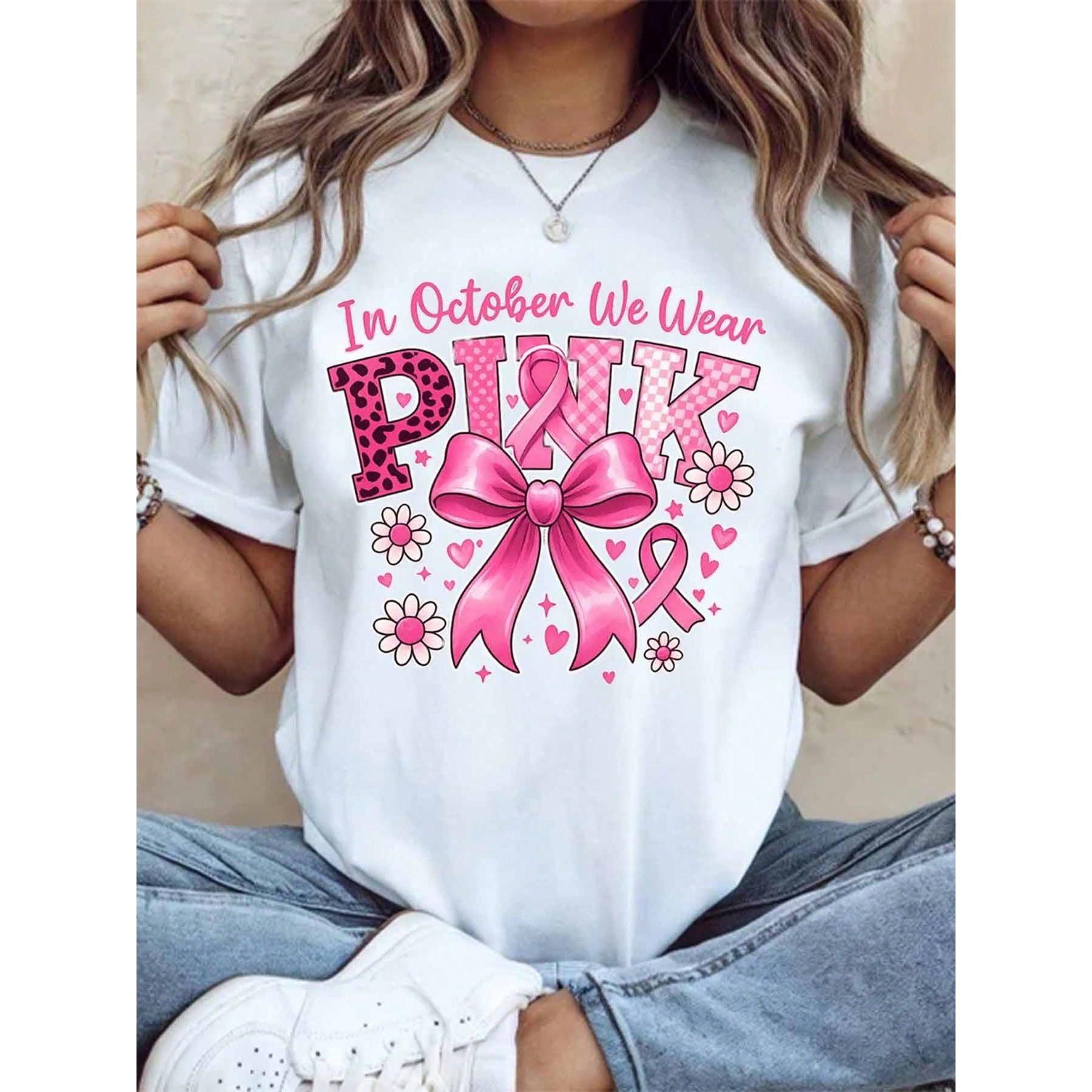 In October We Wear Pink Shirt Women Breast Cancer Awareness Graphic Tee Casual Short Sleeve Top Fall Fashion Gift,