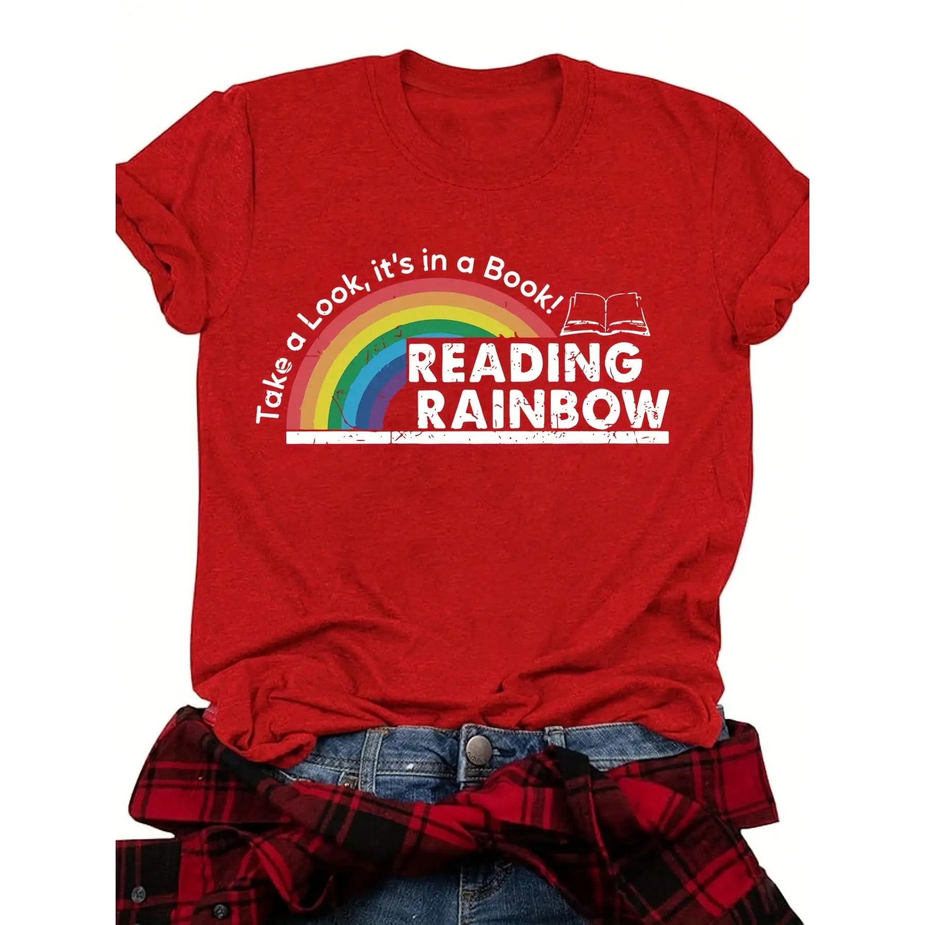 Women's Reading Rainbow Graphic Tee With Book Design Tee, Soft, Heavyweight, Fitted Fit, Print, Graphic, Design, Book, Rainbow Print, For Casual