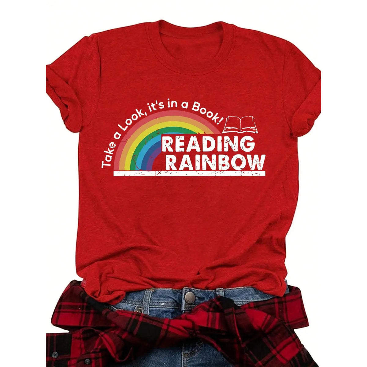 Women's Reading Rainbow Graphic Tee With Book Design Tee, Soft, Heavyweight, Fitted Fit, Print, Graphic, Design, Book, Rainbow Print, For Casual