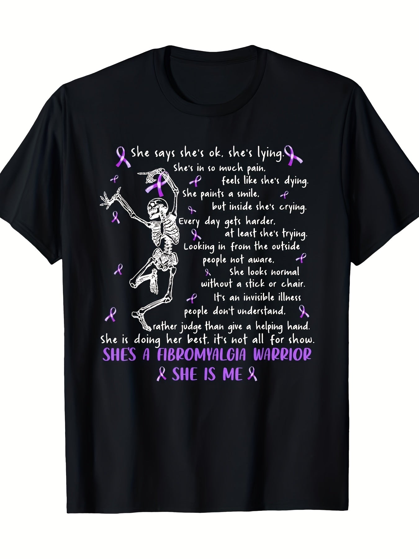 Myofibrositis Warrior Skull Pattern T-Shirt,Purple Ribbon Detail, Crew Neck, Short Sleeve, Black Casual Shirt, Unisex, Holiday Gift, Casual Outing