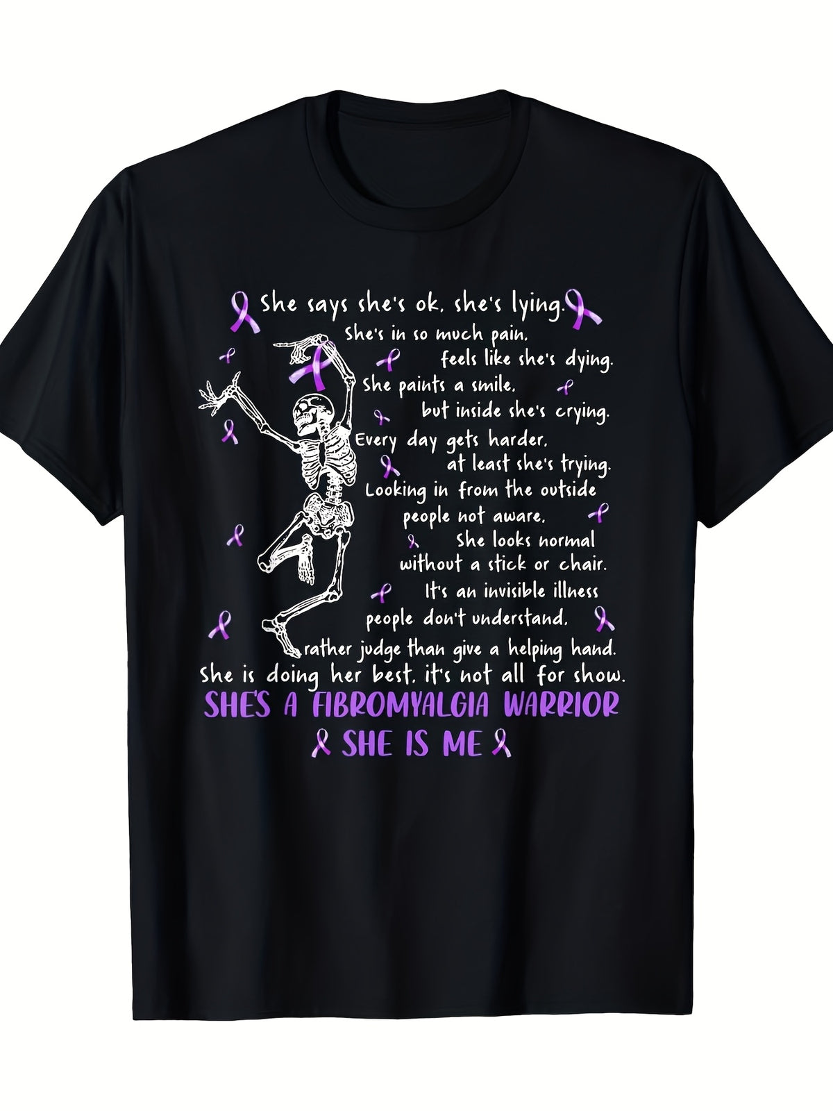 Myofibrositis Warrior Skull Pattern T-Shirt,Purple Ribbon Detail, Crew Neck, Short Sleeve, Black Casual Shirt, Unisex, Holiday Gift, Casual Outing