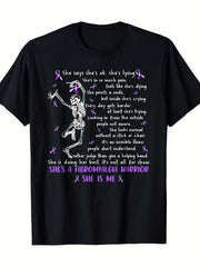 Myofibrositis Warrior Skull Pattern T-Shirt,Purple Ribbon Detail, Crew Neck, Short Sleeve, Black Casual Shirt, Unisex, Holiday Gift, Casual Outing